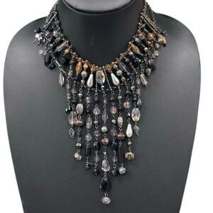 Elegant Fringe Beaded Bib
Necklace Black & Clear Mixed Media Beads 15” 3” Ext.